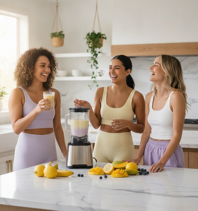 Women making smoothies together in a bright kitchen